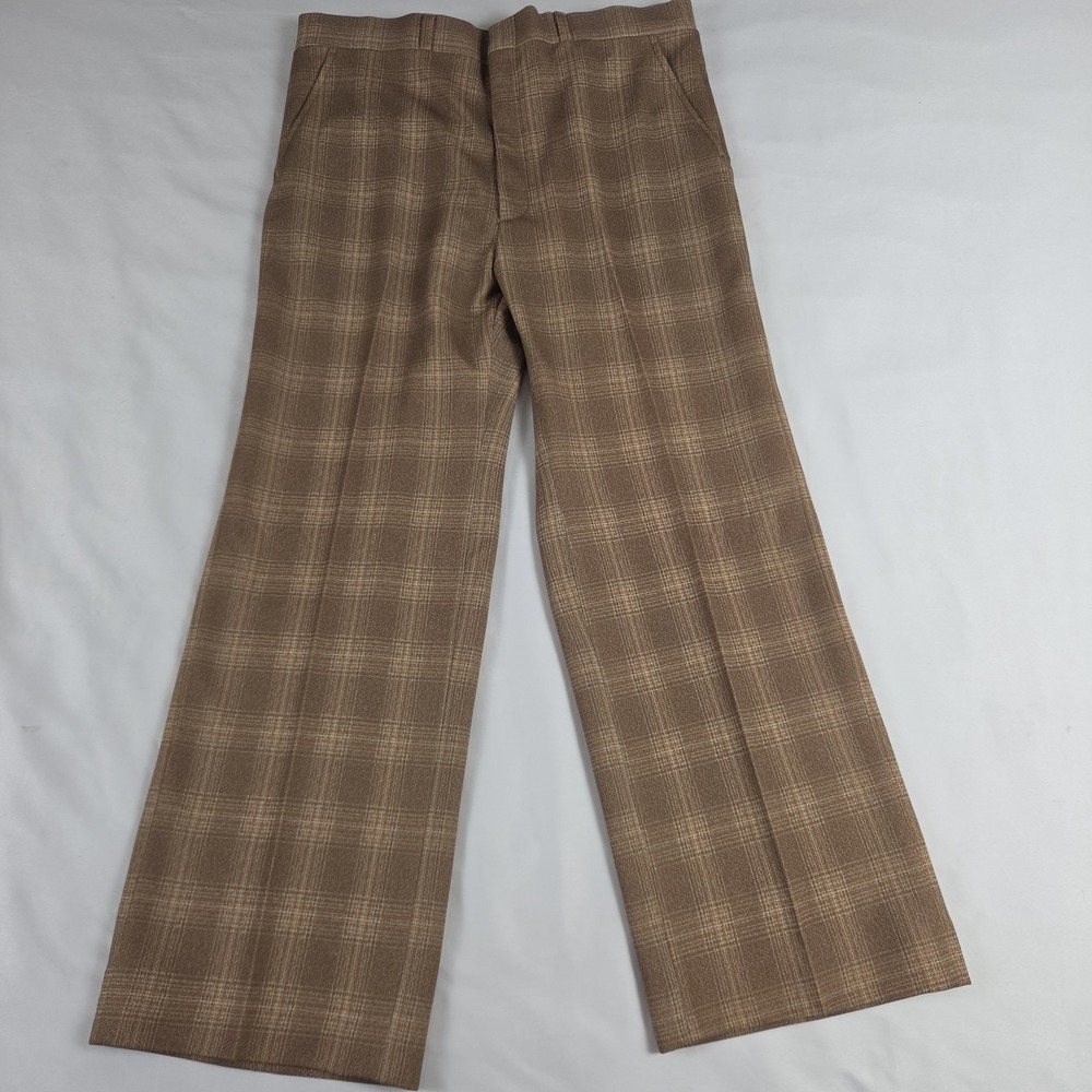 Vintage 1970's Haggar Pants Brown Plaid Flat Front Slacks 34 X 29  2" Hem